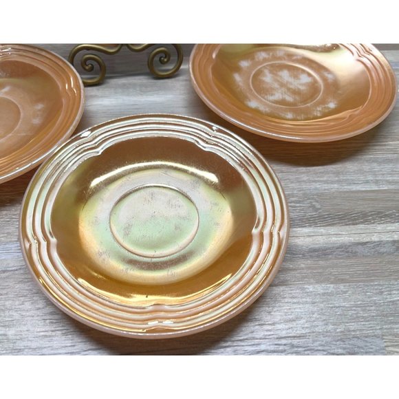 Vintage Fire King Iridescent 3 Bands Peach Lustre Saucers Lot of 4 - Picture 2 of 11